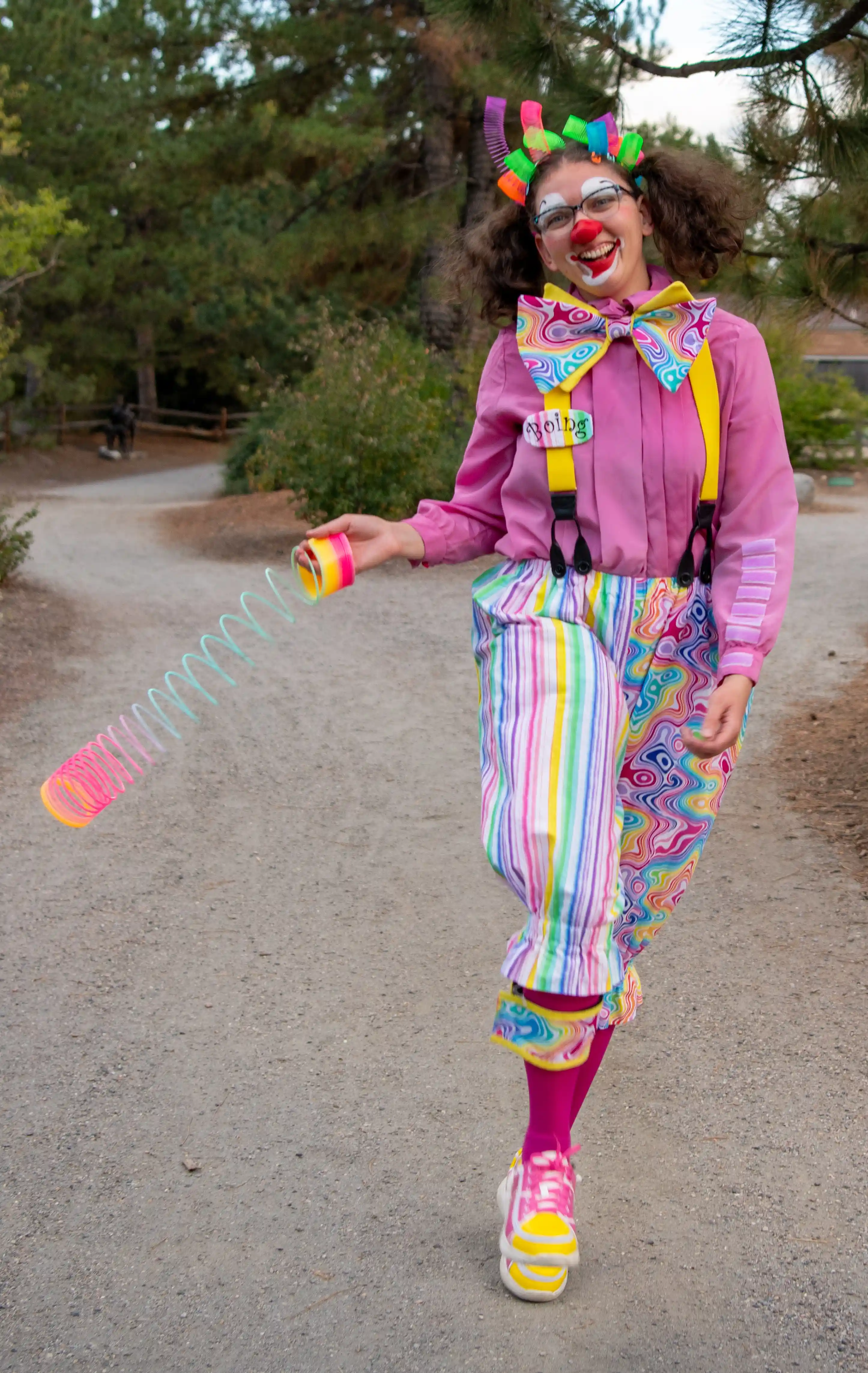 Boing the Clown skipping with a spring toy
