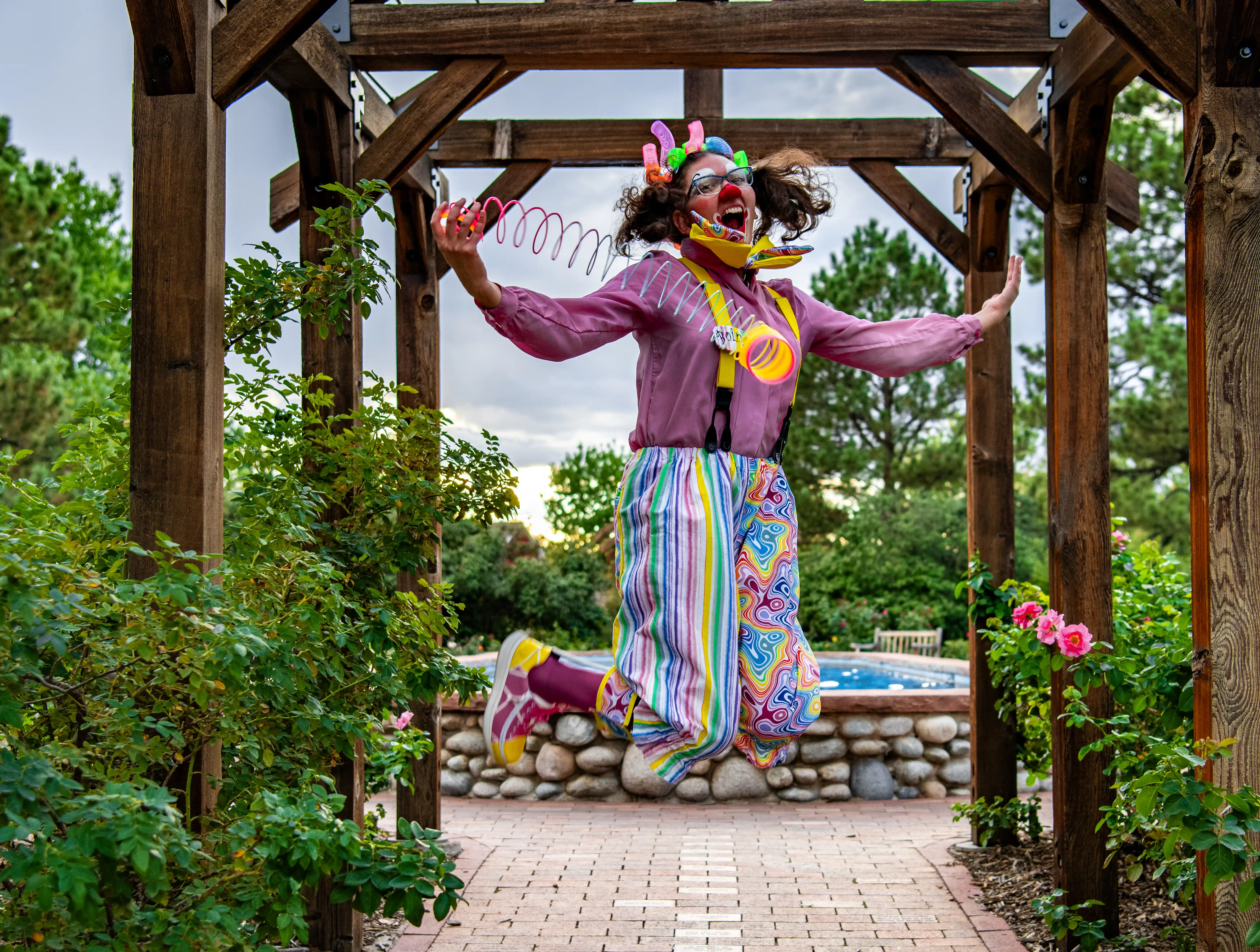 Boing the Clown loving life and jumpinng for joy